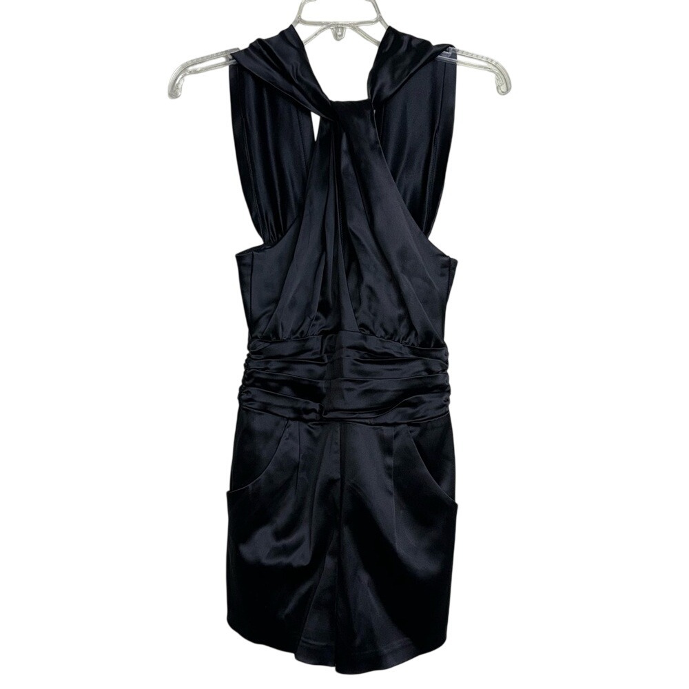 Bebe Black Satin Halter Ruched Mini Dress Size 2 Silk Blend Lining Pockets